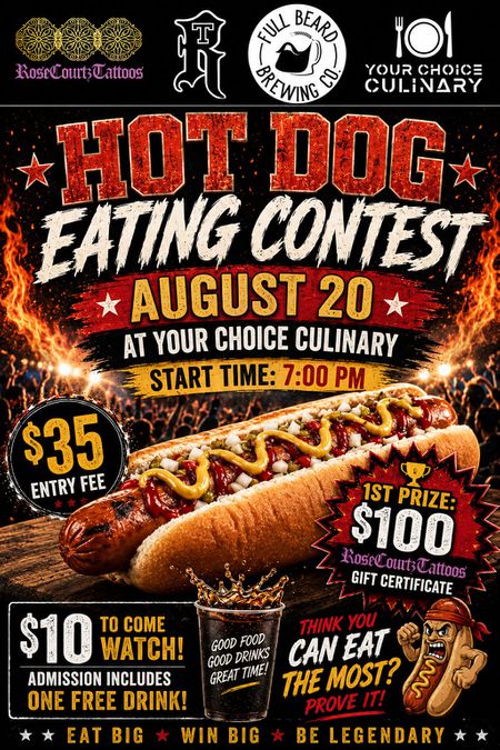 HOT DOG EATING CONTEST AUG 20TH 2026 6pm- includes 1 full beard craft beer (receipts email is your ticket)