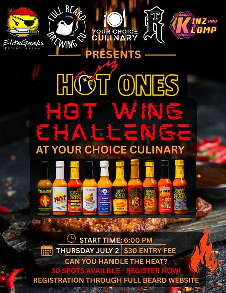 HOT ONES  HOT WING CHALENGE JULY 2ND 2026 6pm- includes 1 full beard craft beer (receipts email is your ticket)